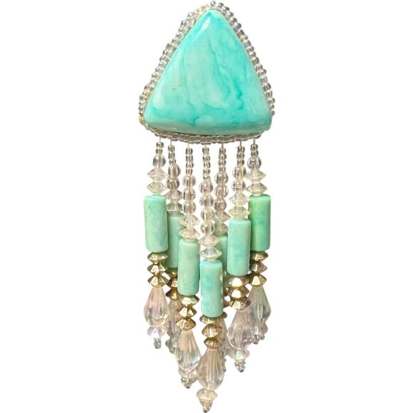 Single Vintage Turquoise Triangle Statement Earring Crystal Fringe - Picture 6 of 11